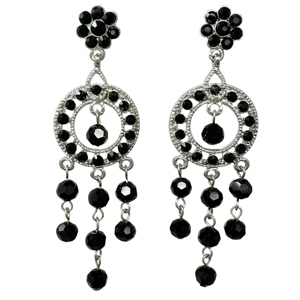 Black Glass Bead Rhinestone Silver Tone Chandelier Post Drop Earrings